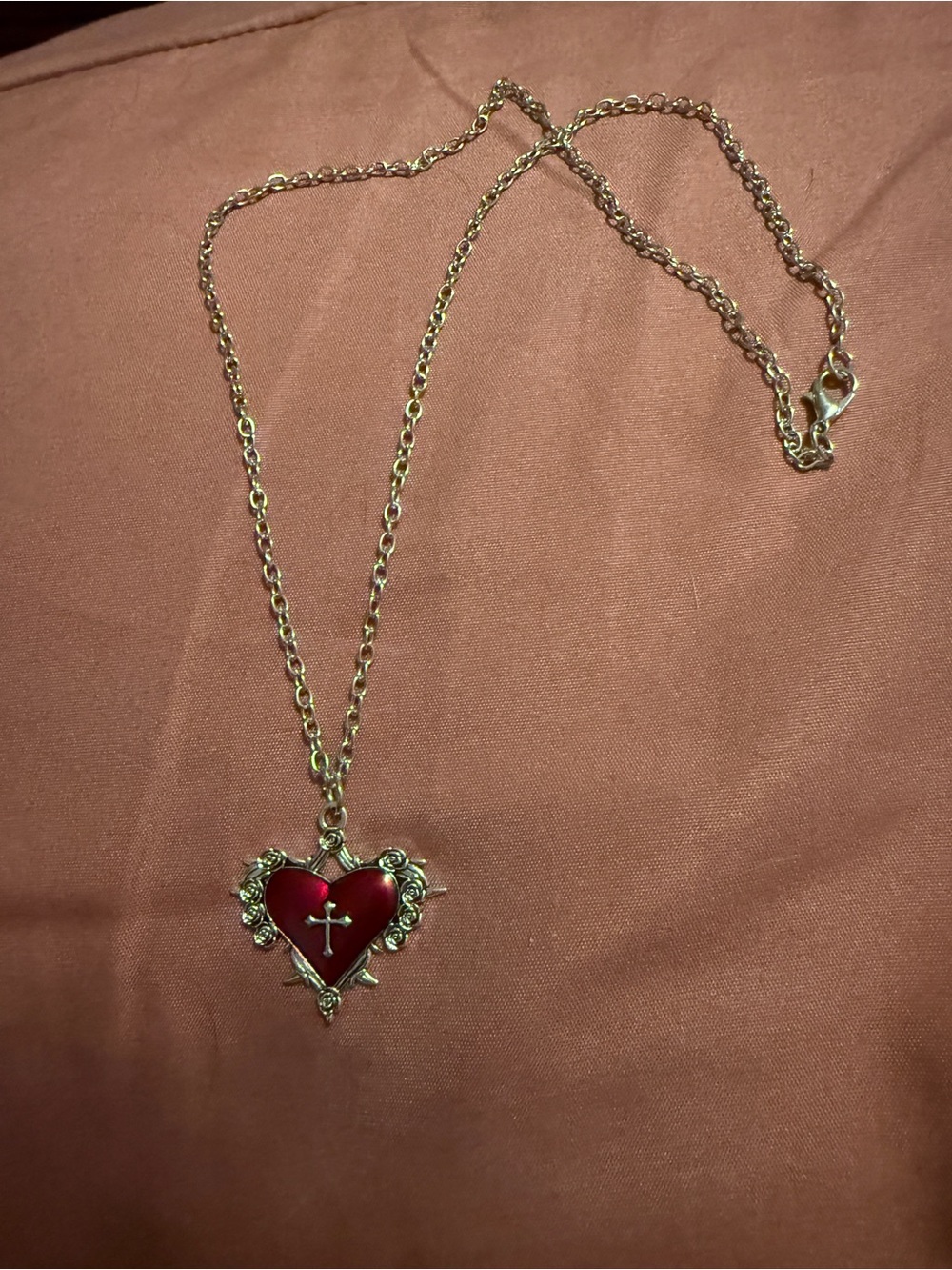 Silver -Tone Red Heart Pendant Necklace with Cross Accent